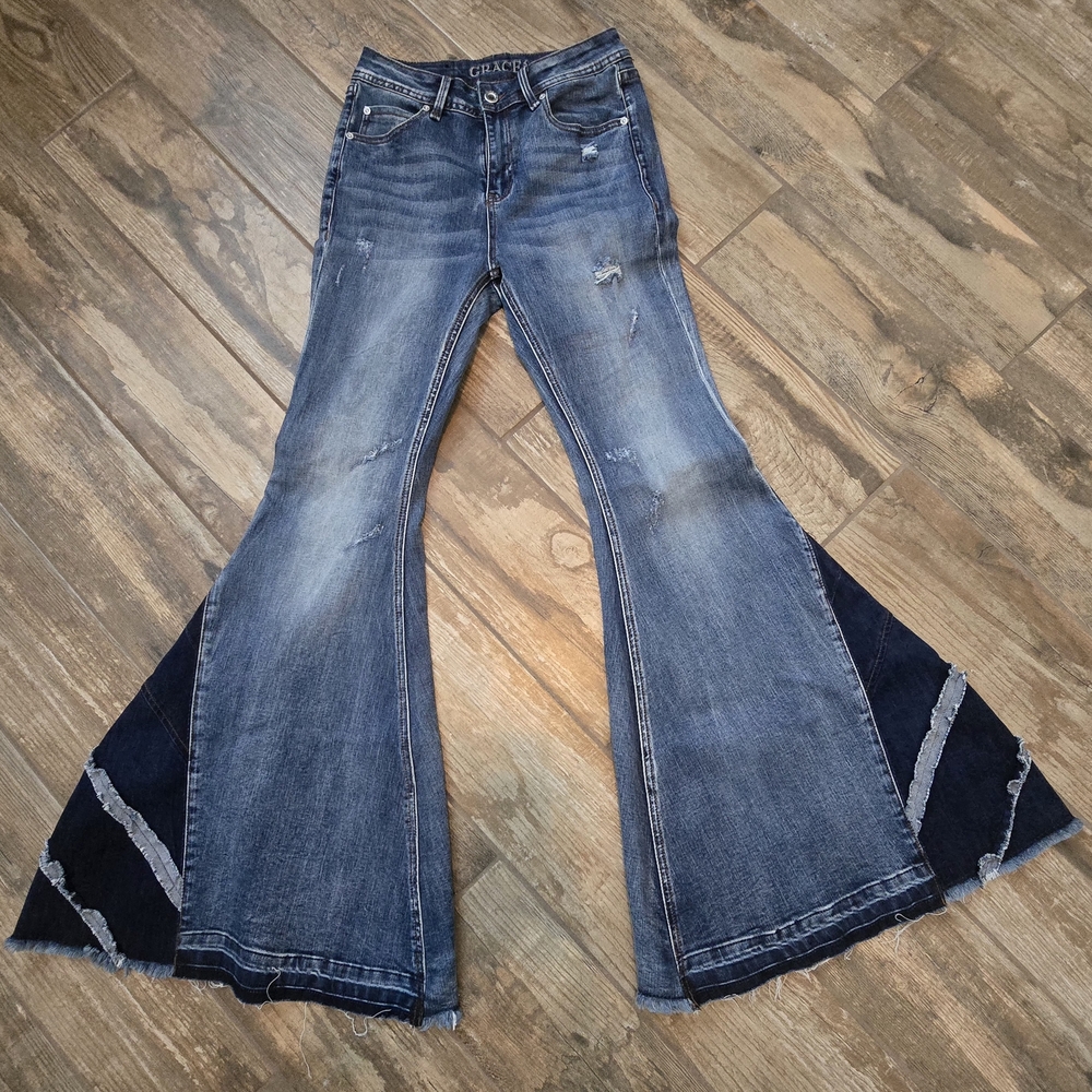 Grace in LA Blue Flare Jeans with Distressed Details
